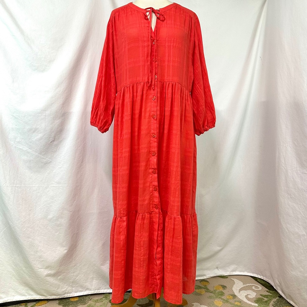 YOUNG FABULOUS & BROKE NEW Red 100% Cotton Plaid Tiered Maxi Dress L Cottage YFB